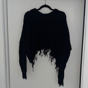 Black Fringed Women's Cropped Sweater with Hood